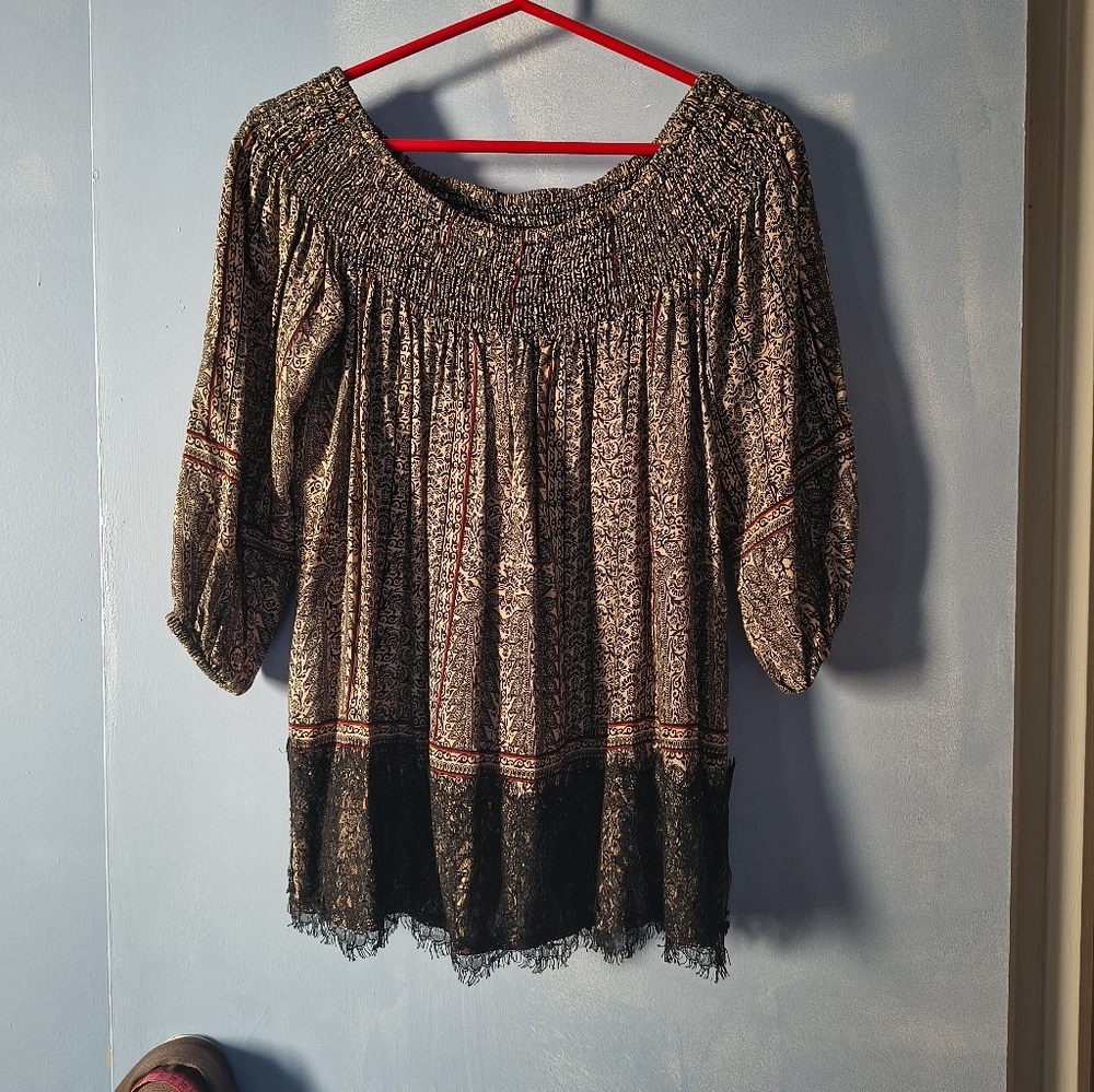 Anthropologie Vanessa Virginia Augusta Smock Neckline Lace Trim Blouse XS